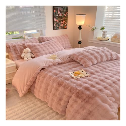 Image of HonunGron Fluffy Duvet Covers Set, Luxury Faux Rabbit Fur Duvet Cover Set, Soft Warm Faux Rabbit Plush Bedding Set Duvet Set 4pcs (1x Duvet Cover +1x Sheet+2x Pillowcases) (Pink,220 x 240 cm)