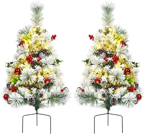 HAPPYGRILL Outdoor Pathway Christmas Tree Set of 2, Pre-Lit Snow Flocked Xmas Trees with LED Lights, 8 Light Modes, 29 inch Battery Powered Porch Christmas Trees for Holiday Decoration