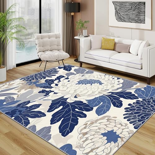 Tapis antidérapant bleu et blanc lavable pour protéger le sol du salon