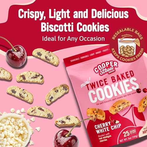 Image of COOPER STREET Twice Baked Cherry White Chip Biscotti Cookies - Crispy Mini Biscotti Cookies Ideal with Coffee - Traditional Low Calorie Italian Snacks - Kosher, Dairy, Peanut & Soy Free (6 Pack)