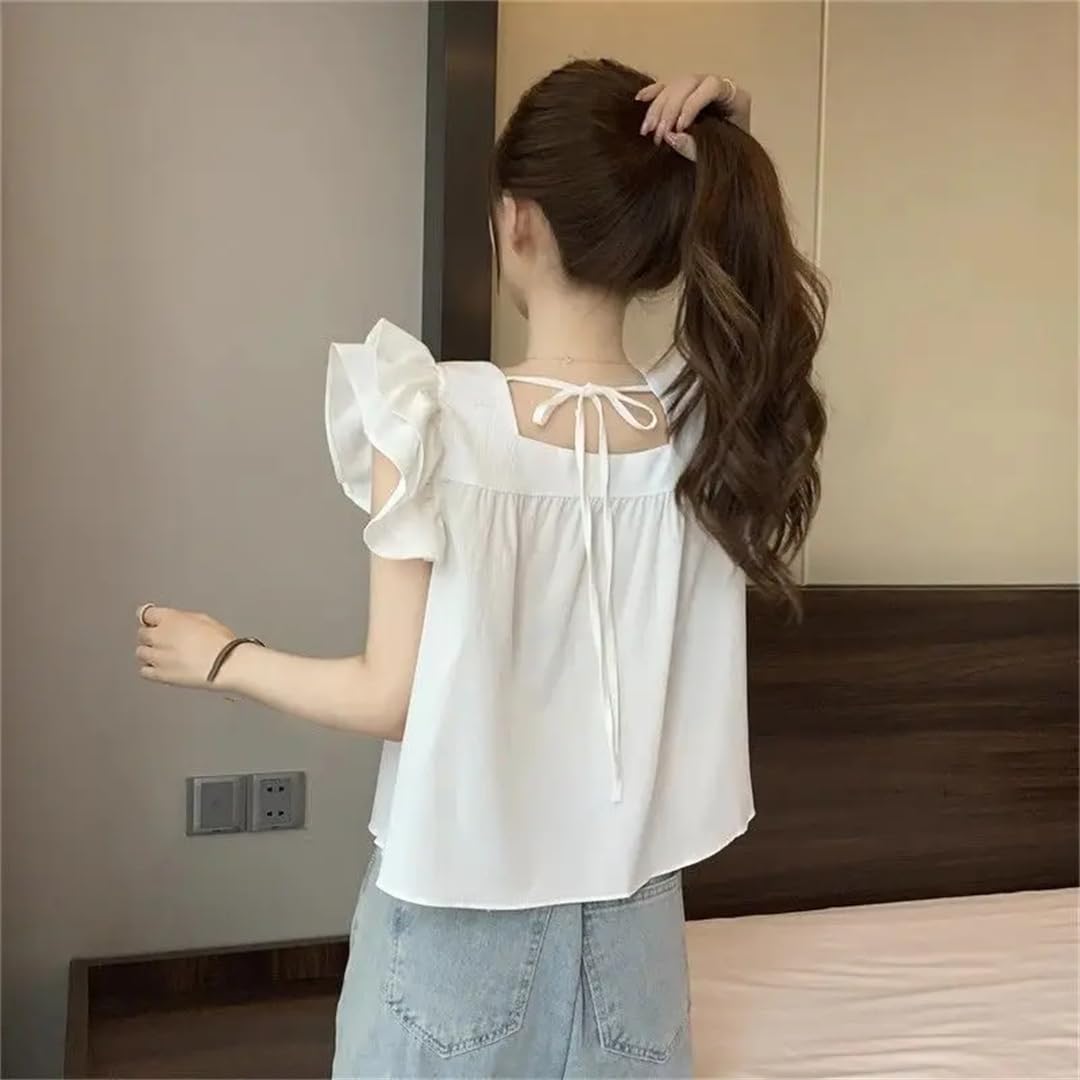 Camisas de verano para mujer, a la moda, con volantes, cuello cuadrado, con cordón, sin mangas, de gasa