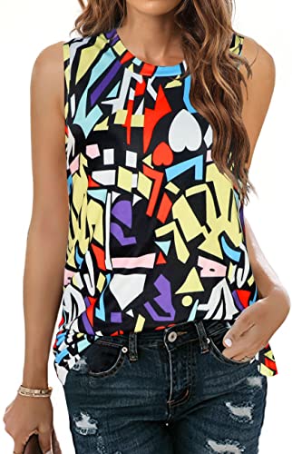 Women Summer Tops Sleeveless Floral Tanks Casual Loose T Shirt Tunic Blouse(Colorful Geometry, Xl) #TOP12