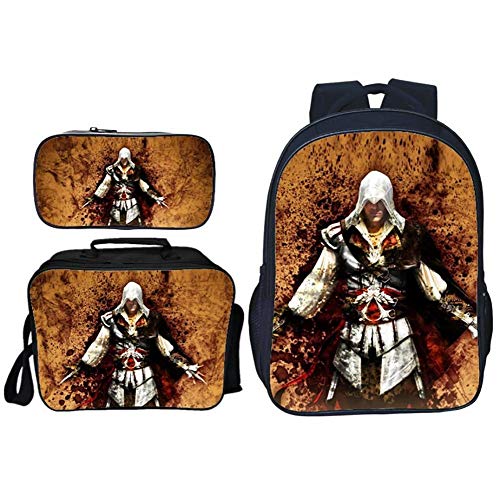 TREES 3 en 1 Conjuntos de Mochilas para Chicas Assassin Creed Escolar Bolsa de Almuerzo
