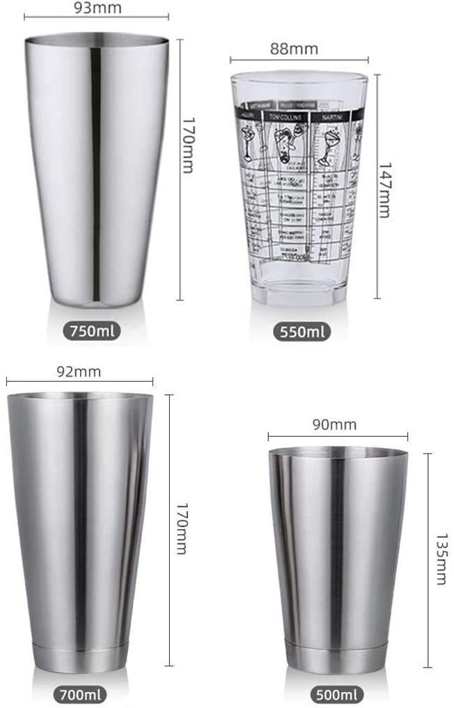 Kit de Barman, kit Cocktail de 17 pièces Ensemble de Barre d'acier Inoxydable avec Support, 25 oz Shaker Tins, Jigger, Cuillère, Verses, Muddler, Filtre, Pinces, Bouchons, ouvre-Bouts