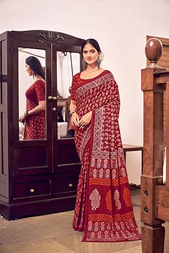 Image of Ikkat Hand Print Soft Mul Cotton Lightweight Saree with Blouse Piece, Multicolour