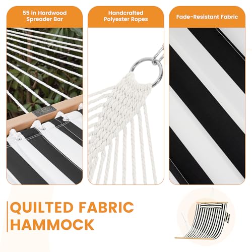 Lazy Daze Hammocks 10.5FT 2 Person Double Quilted Fabric Hammock with Spreader Bar, Detachable Pillow, Side Pocket, Carabiners, Chains, Straps for Outdoor, 450lbs Capacity, Black White Stripes by Lazy Daze Hammocks - Used condition - Image 5