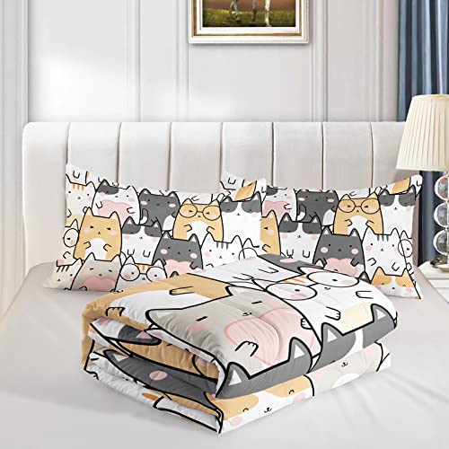 Qoomo Kawaii Cat Comforter Queen Size,Cats Comforter Set For Kids Teens Girls Boys,3Pcs Bedding Set Printed Comforter With 2 Pillowcases,Down Alternative,Soft And Lightweight，Queen Size #TOP2
