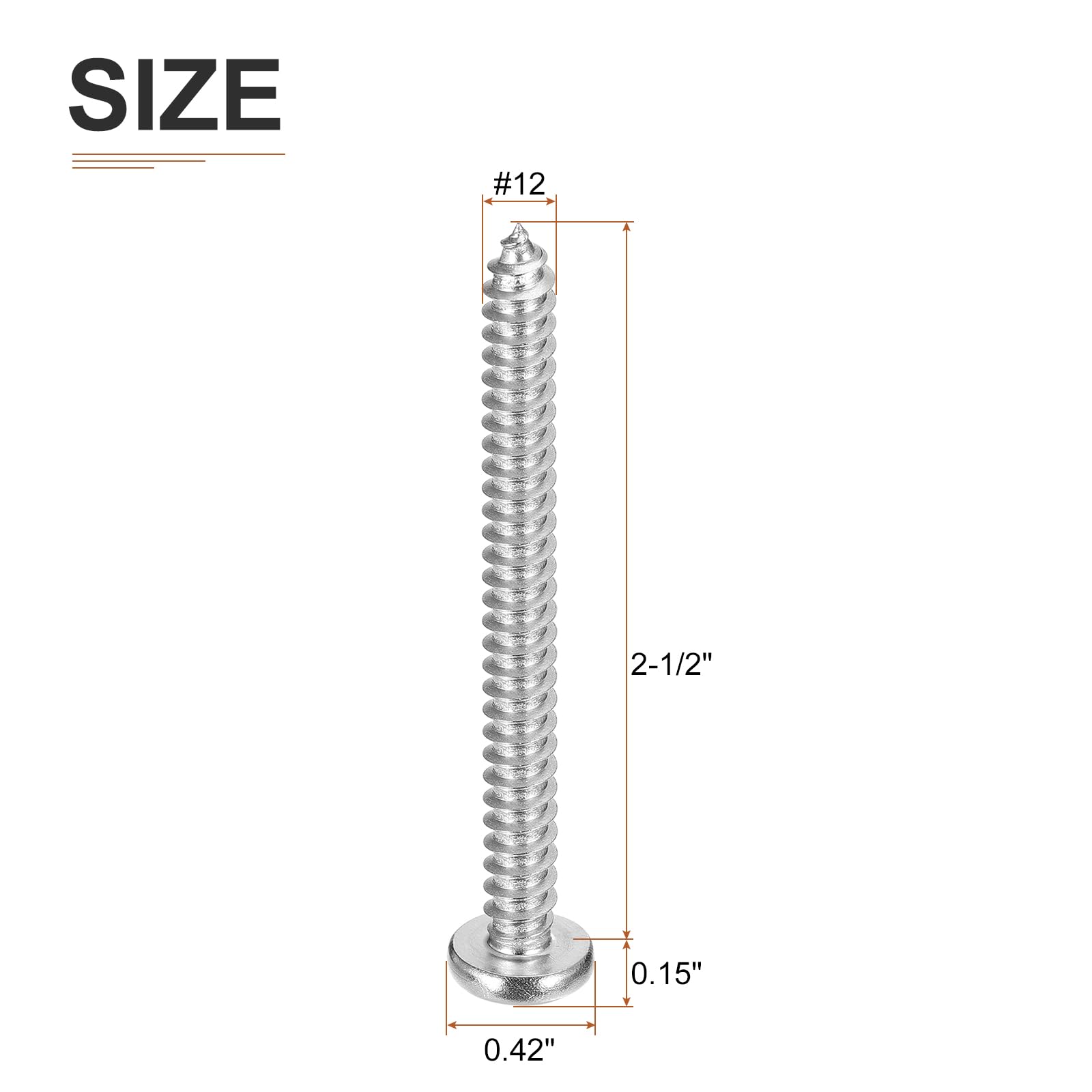 DTGN #12x2-1/2" Phillips Pan Head Self-tapping Screw - 25Pack - Bright Finish 304 Stainless Steel Sheet Metal Screws Wood Screws - Image 2