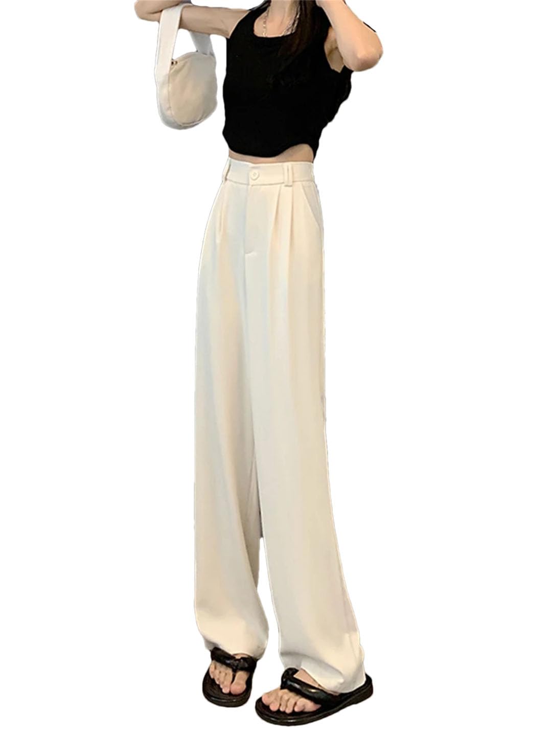 Women Solid Casual Straight Trousers High Waist Pleated Button Loose Wide Leg Pants