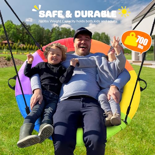 Trekassy 700lb 40\" Saucer Tree Swing for Kids Adults Outdoor Textilene with 2pcs Tree Hanging Straps-Rainbow