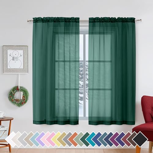 Aiyufeng Hunter Green Sheer Curtain Drapes 54 Inch Length 2 Panels for Living Room, Light Filtering Voile Green Drapes for Bedroom, Patio, Sliding Door, Each 42" W x 54" L