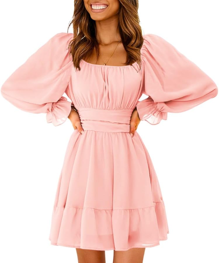 EXLURA Women's 2025 Casual Long Lantern Sleeve Dresses Square Neck Ruffle Tie Back Elastic Waist Aline Short Mini Dress