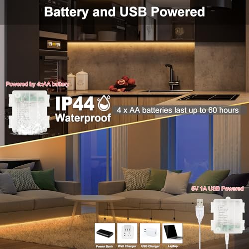 Image of 2 Pack LED Strip Lights Indoor Outdoor Waterproof, 16.5ft 150 LED 2700K-6000K Tunable White Battery Powered LED Strip Lights with Remote USB Dimmable Timer Cuttable for Kitchen Bathroom Yard Pool
