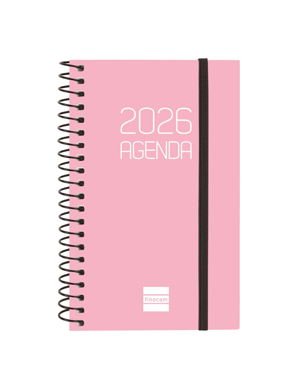 Finocam - Spiral Agenda 2026 Week to View Horizontal | January - December (12 months) | 2026 Yearly Agenda with Rubber | Polypropylene Spiral Cover Opaque - Pink - Catalan