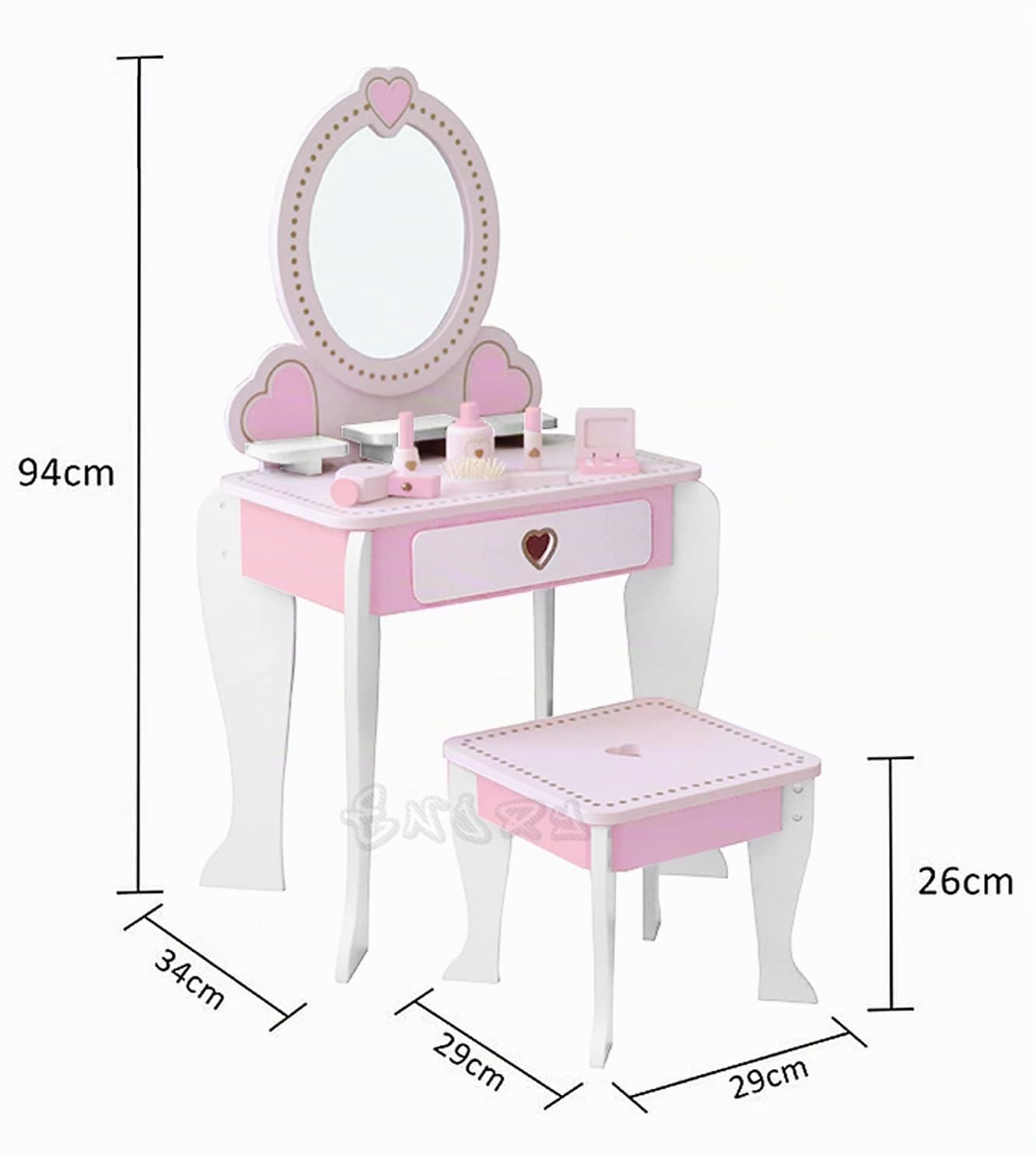 ODG Specchiera giocattolo in legno per bambina con accessori, set specchio spazzole phon trucchi
