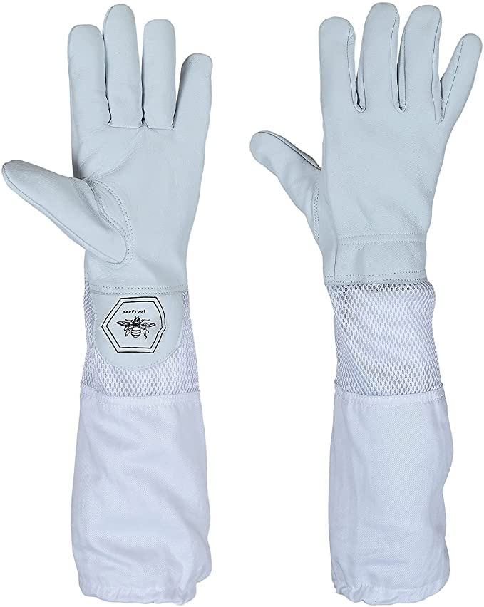 Beekeeping Gloves Ventilated Goatskin Leather with Long Canvas Sl...