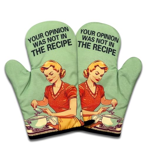 NAHMAKNE Paquete de 2 guantes de horno divertidos para mujer, Your Opinion was Not in The Recipe, guantes retro resistentes al calor, regalos de cocina para hornear para mamá esposa, regalos de