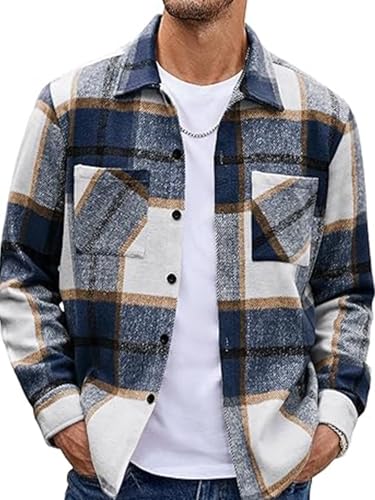 EUDOLAH Camisa de Franela Hombre a Cuadros Overshirt Manga Larga Estilo Leñador Cuello Abotonado y Ajuste Regular Fit Estilo Casual Vintage(M,Azul)