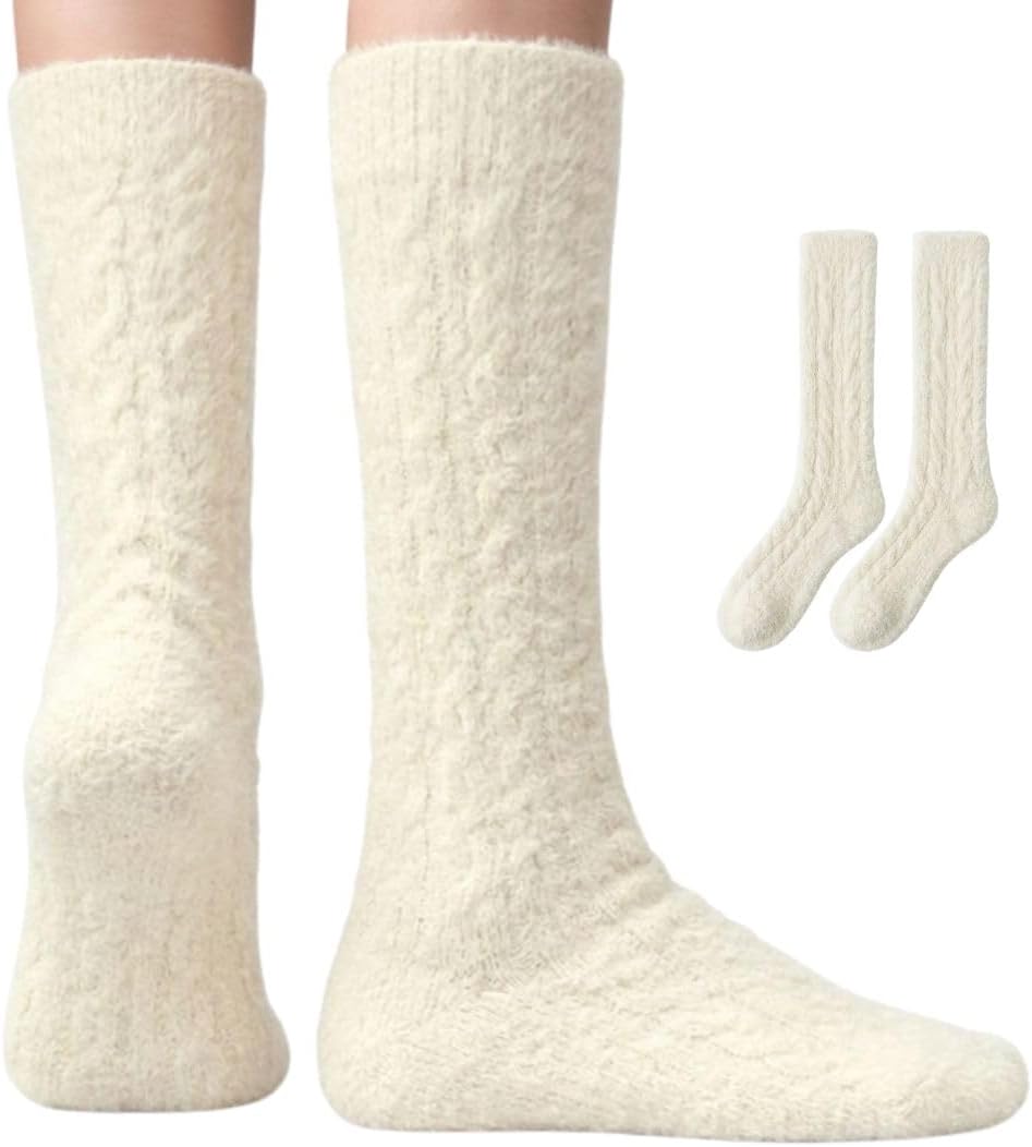 Polar Feet Mid-Calf Fuzzy Socks for Women - Stretchy Breathable Chinlon Knit, Fluffy Warm Cozy Socks for Home and Hospital