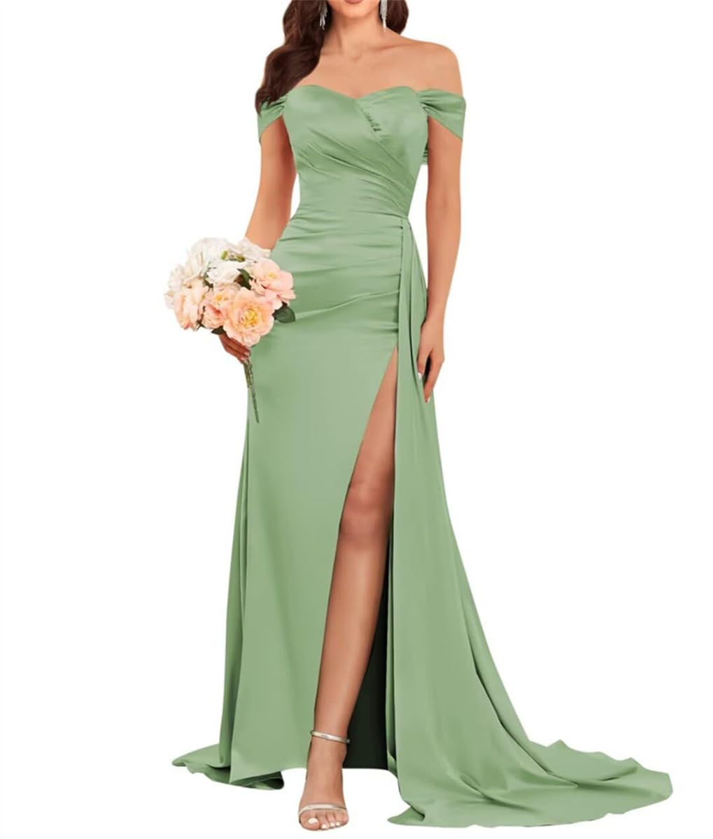 Off The Shoulder Satin Bridesmaid Dresses Long with Slit Formal Evening Dresses Ruched for Wedding Sage Green UK8