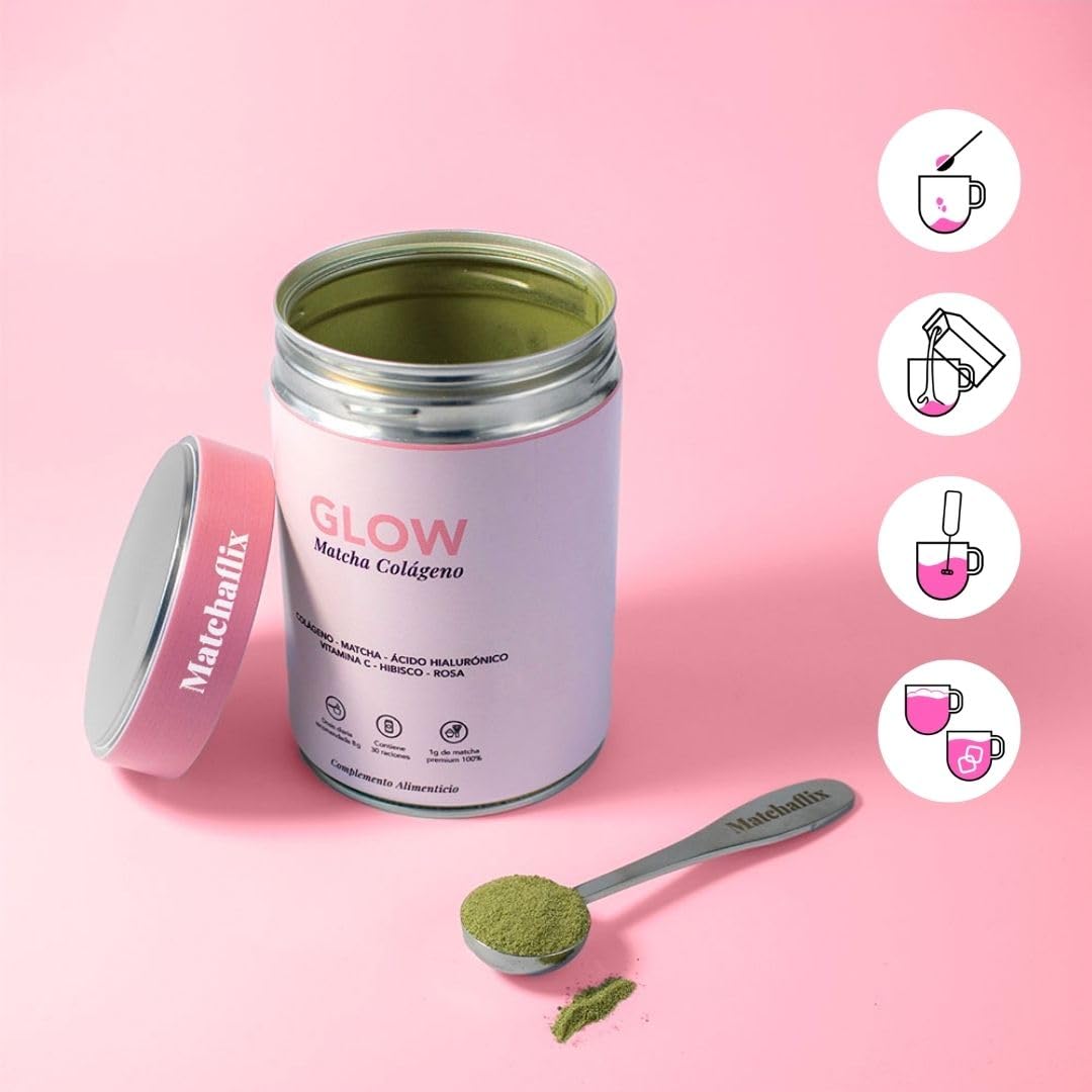 Matchaflix | Glow Matcha Colágeno | Té Matcha + Colágeno Marino + Ácido Hialurónico | Belleza, Energía y Bienestar | 240g | Sabor Frutos Rojos