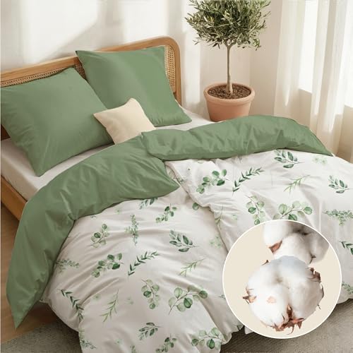 Dreamzie Bettwäsche 135x200 Baumwolle 4-teilig – Grüne Blätter – 2 Bettbezug 135x200 + 2 Kissenbezug 80x80 – Bettwäsche-Set mit...