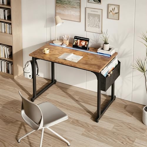 Image of DurayLoly 32 inch Computer Desk with Waterproof LED Lights,Bedroom Study Desk for Teens,Dorm Room Essentials,Headphone Hook&Storage Bag for Small Spaces,Sturdy Metal Frame,Rustic Brown