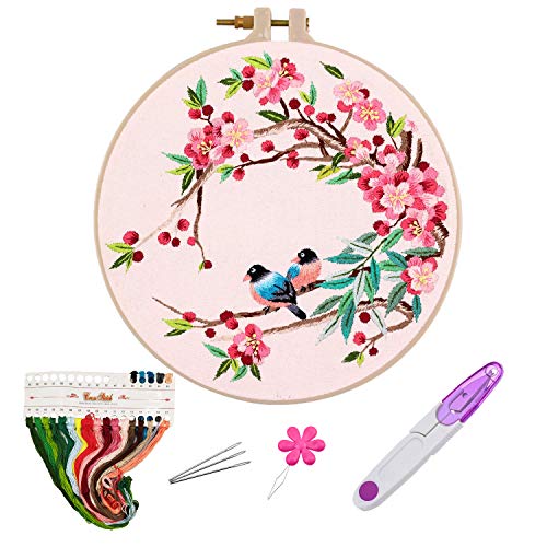 Embroidery Kits with Pattern for Beginners Starter,YOUYOUTE Full Range of Stamped Cross Stitch Kit with Embroidery Hoop,Embroidery Clothes with Birds and Cherry,Thread,Scissor