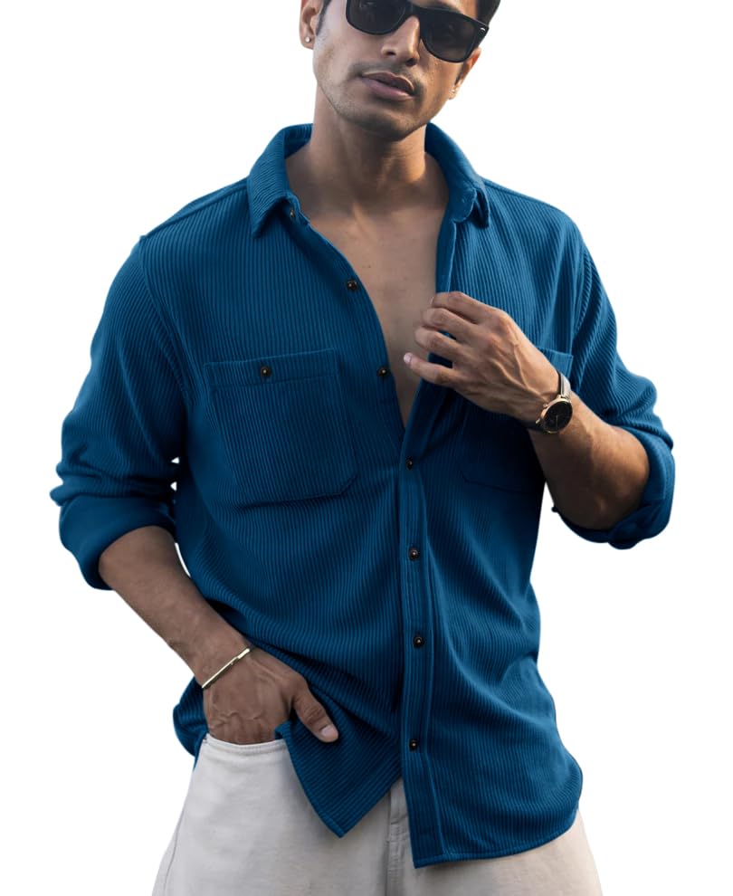 zombom Men’s Premium Corduroy Shirt | Full Sleeve Double Pockets Casual Wear | Button-Down Ribbed Shirt | Party-picture-37