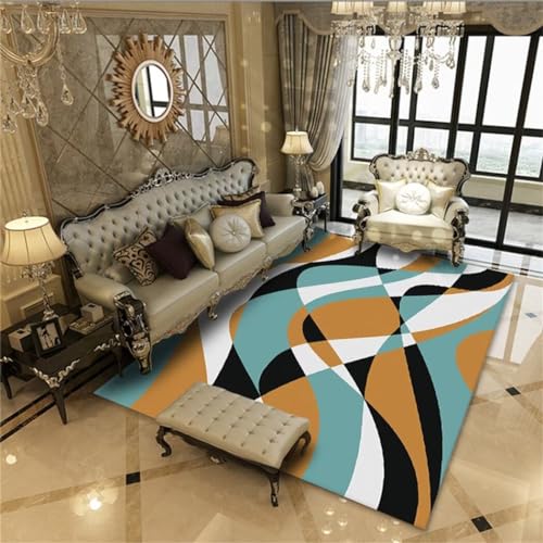 Tapis de sol salon bleu 80x160cm lavable à motif géométrique