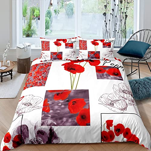 RAMOTE Housse de Couette 240 x 260 Coquelicot Rouge, Parure de Lit Carthame 2 Personnes, Imprimée Microfibre Housse Couette Coquelicot Rouge, 2 Taies...