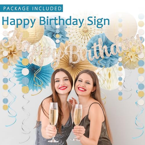 Image of Dusty Blue Beige Champagne Women Birthday Decorations, Boho Neutral Boys Girls Blue Party Decor With Fog Cream Gold Balloons,Happy Banner Garland,Paper Lanterns, Honeycomb Tissue Pom Poms For Adults