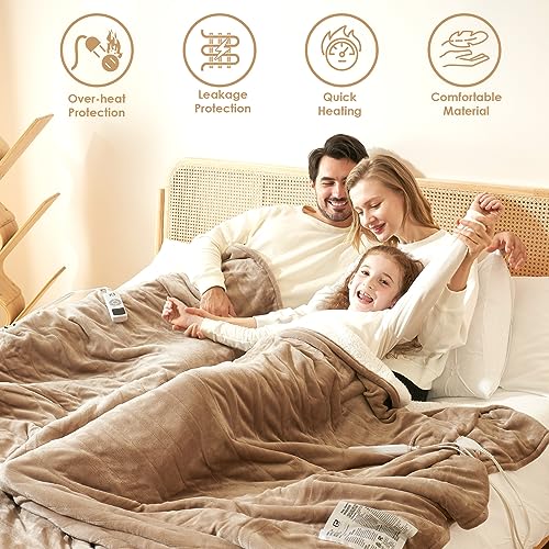 EHEYCIGA Electric Heated Blanket Throw - Sherpa & Fleece, 9 Heating Levels, Auto Off, 50 x 60 Inches, Beige