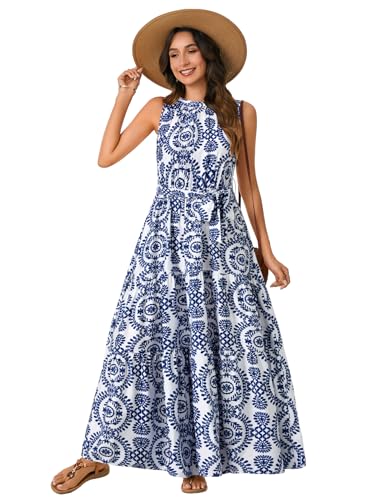 Image of Rooscier Women's Sleeveless Boho Maxi Dress | Halter Neck Print Tiered A Line Beach Dresses