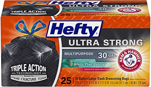 Image of Hefty Ultra Strong Multipurpose Trash Bags, Black Large Flexible with Drawstring, White Pine Breeze Scent, 30 Gallon, 25 Count Per Pack (Pack of 6)