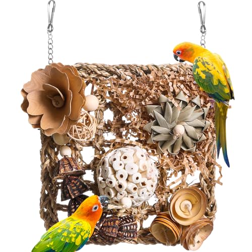 Bird Foraging Wall Toy, Seagrass Woven Climbing Hammock Mat with Chewing Toys,Parrot Shredding Hanging Toys for Cockatiel Lovebird Parakeet Budgie Small-Medium Birds (Small) - image 7