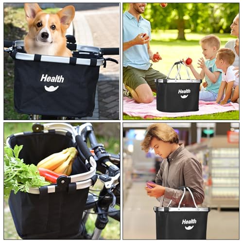 Oungy Faltbar Fahrradkorb Vorne für Klickfix Abnehmbar Hundekorb Fahrrad Vorne Aluminiumlegierung Rahmen Fahrradkorb Lenker mit Lenkeradapter und Kabellbinder Bike Basket für Pendeln Draußen (Schwarz)