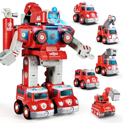 Baobrava Transformers Toys for 4 5 6 7 8 Year Old Boys, 5-in-1 Fire Truck Car Toys Take Apart Transform to Robot, STEM Montessori Drill Screw Set,...