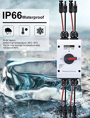 DIHOOL DC Trennschalter 2 Strings PV Anlage mit Generatoranschlusskasten Sicherungsautomat 32A IP66 Solar Trennschalter Anschlusskasten für Photovoltaik