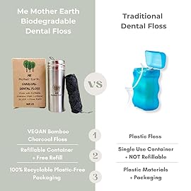 Vegan Biodegradable Bamboo Charcoal Dental Floss with Refillable Stainless Steel Container | 33yds x2 | Extra Floss Refill | Natural Candelilla Wax | Peppermint | Eco Zero Waste Oral Care