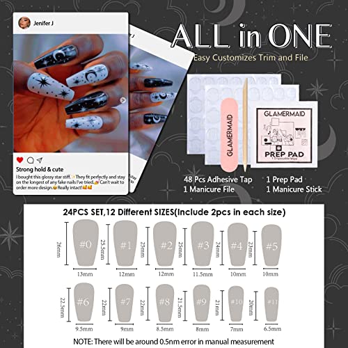 Press On Nails Short Squoval Glamermaid Fake Nails With Nail Glue, White Black Stars Oval False Nails With Summer Design, Glue On Nails Gel For Women, Reusable Acrylic Stick On Nails Tips Manicure Set 24Pcs #TOP3