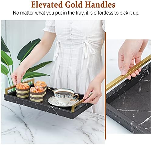 Lewondr ServingTray with Wide Metal Handles, PU Ottoman Serving Tray, 15.35"x9.84"x2.36" Desktop Serving Platter, Jewelry Key Tray, Countertop Storage Organizer Plate for Kitchen,Office - Black Marble