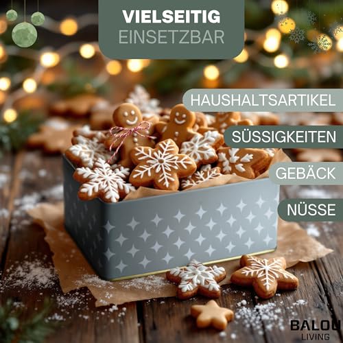 BALOU LIVING 5er Set Keksdose Weihnachten eckig - Weihnachtskeksdosen groß aus Metall - Weihnachtliche Plätzchendose Blechdose, Sterne grau/weiß