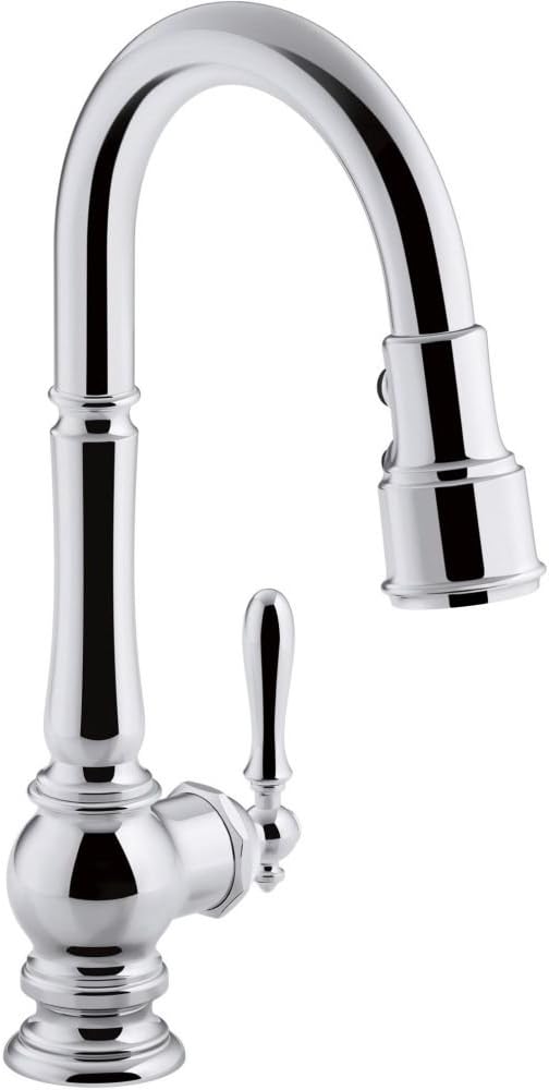 KOHLER Artifacts Single-Hole Kitchen Sink Faucet with 16" Pull-Down spout and Turned Lever Handle, DockNetik Magnetic Docking System, and 3-Function sprayhead Featuring Sweep and BerrySoft Spray