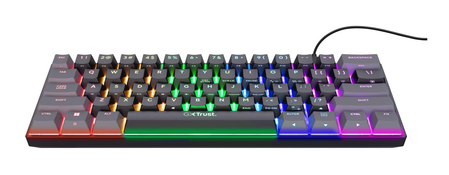 Trust Gaming GXT 867 Acira 60% Teclado Mecánico QWERTY US, Teclas de Doble Función, Iluminación RGB, Mini Teclado de Juego Programable USB 60 Porcentaje PC Portátil - Negro/Gris