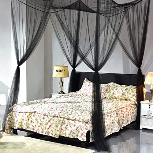 YEEBAY Mosquito Net for Bed Canopy, 4 Corner Post Curtains Bed Canopy Large Mosquito Netting Bedroom Princess Decoration for Girls & Adults, Fits Full/Queen/King Size Mosquito Net (7X7 FT, Black)