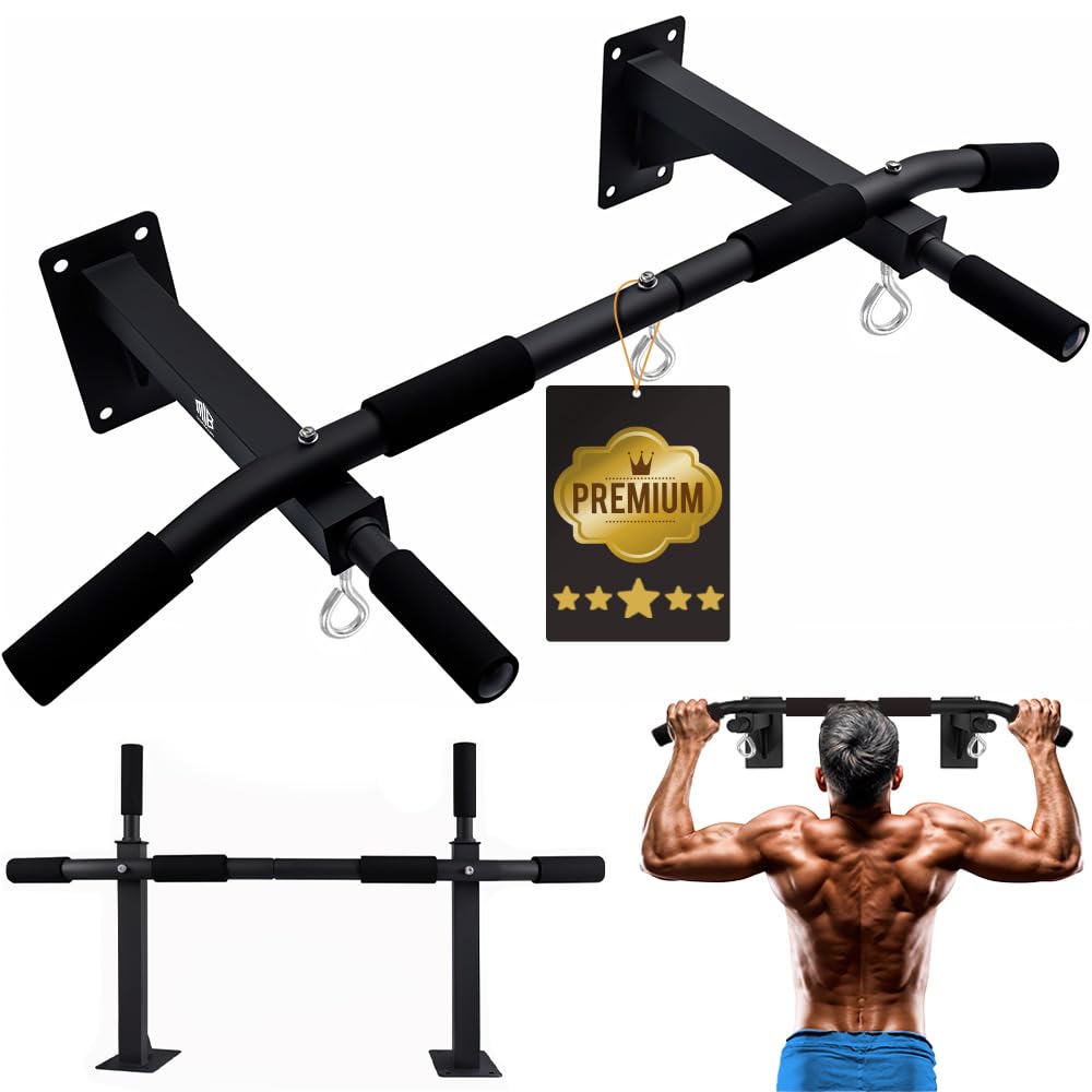 ManiBoom Sbarra Trazioni a Muro Fissa (150kg) - Barra Trazioni da Parete con 3 Anelli TRX per Calisthenics e Palestra in Casa