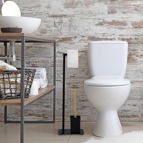 Image of Relaxdays Toilet Brush Set Bamboo Stainless Steel Standing Toilet Paper Holder Black /Natural