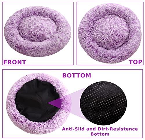 Comlax Beruhigende Donut Hundebetten XXL, Rundes Kissen mit abnehmbarem waschbarem Bezug, Anti-Angst-Kunstfell-Kuscheltier, Flauschiges, bequemes, pelziges Haustierbett (100cm, Lila)