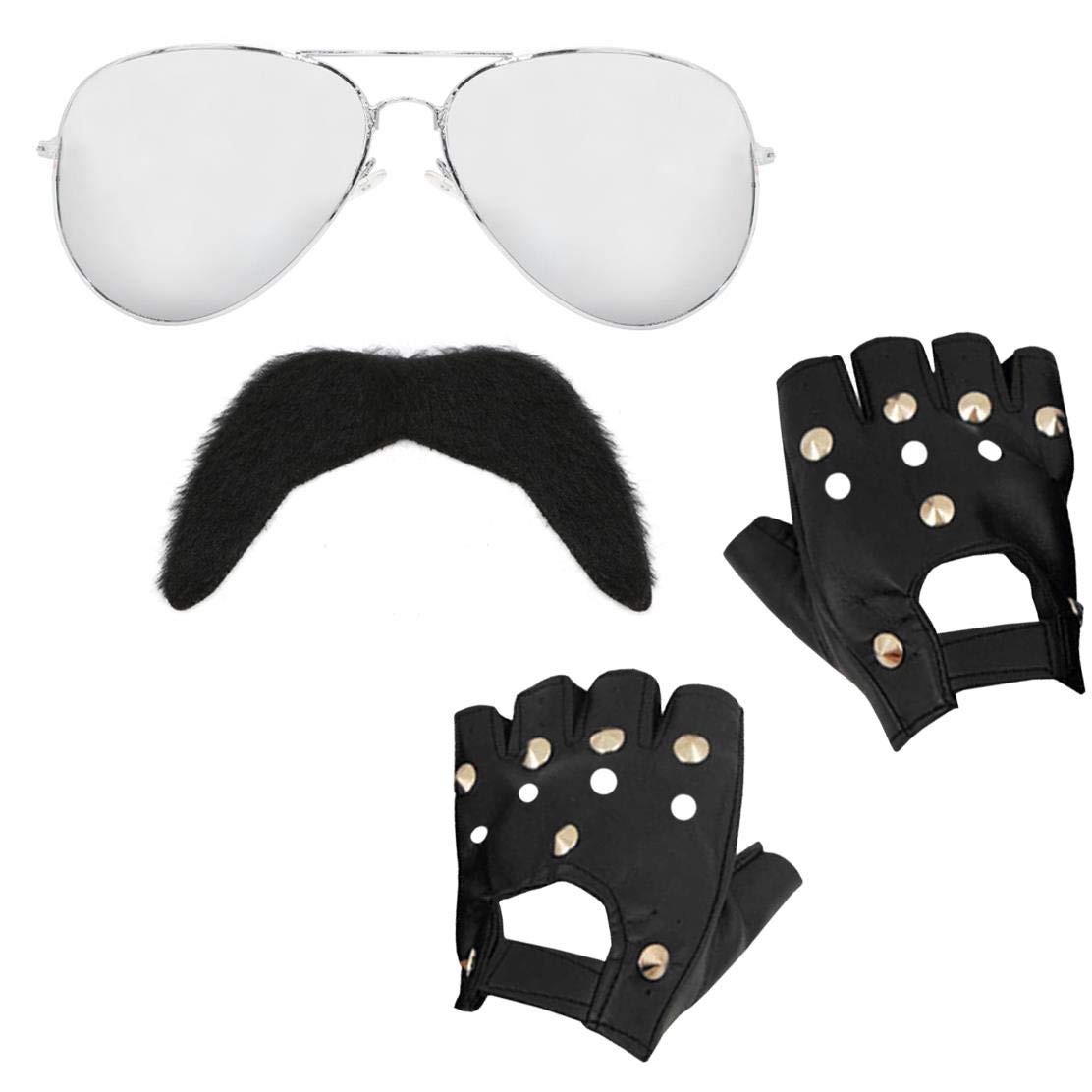 Adults 80s Rockstar Accessories - Mirrored Sunglasses + Black Fingerless Gloves + Black Moustache - 1980s Pride Musician Rock Star Fancy Dress Costume Accessory Set (One Size)